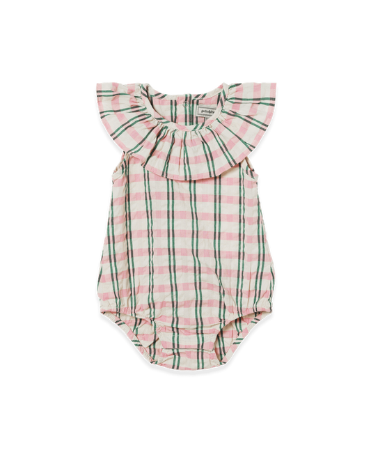 Seersucker Collar Romper, Check Carnation
