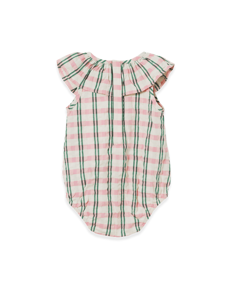 Seersucker Collar Romper, Check Carnation