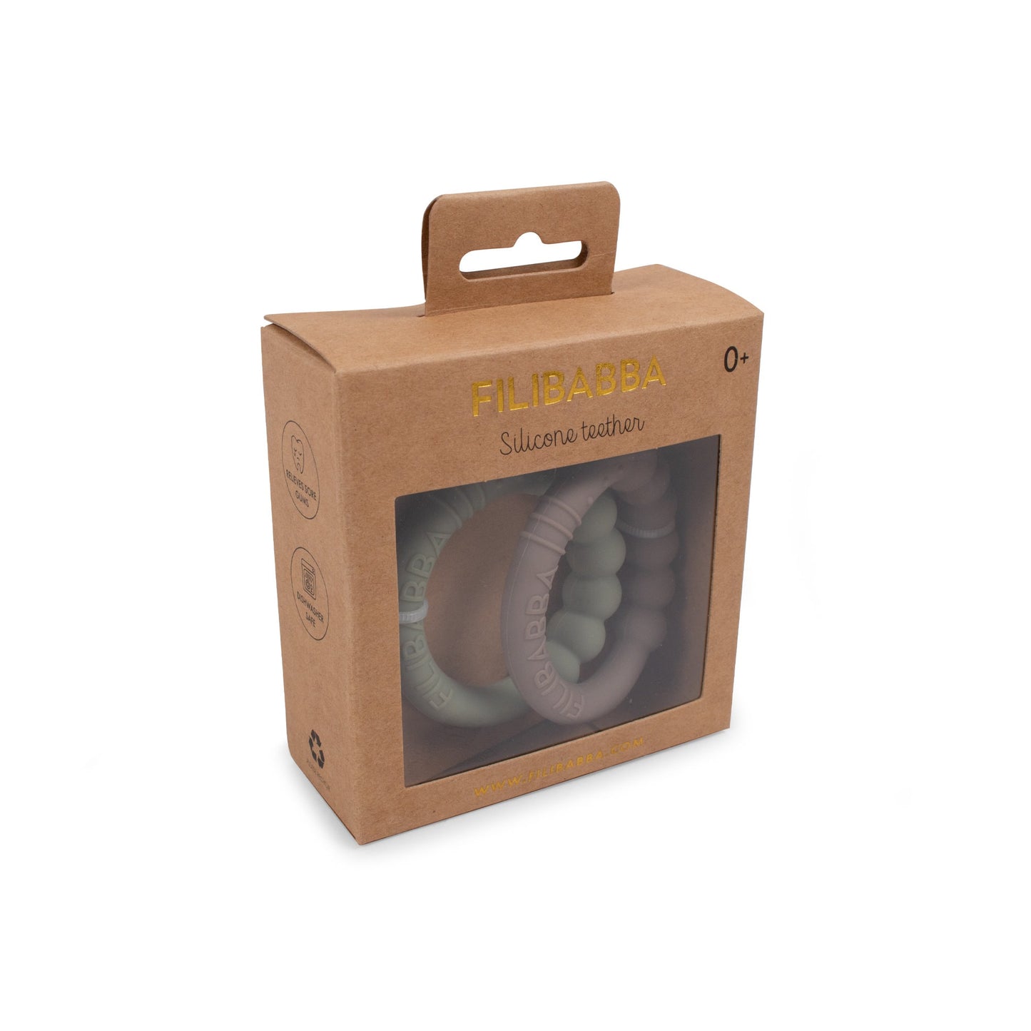 Silicone teether ring 2-pack - Warm Grey + Oil Green