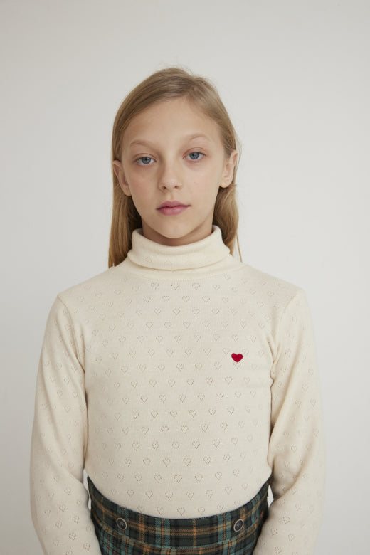 Bebe Heart Turtleneck Natural Red Heart Pointelle