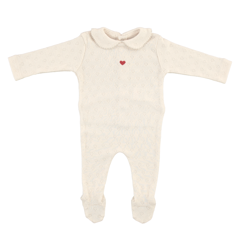 Bebe Heart Collar Overall Natural Red Heart Pointelle