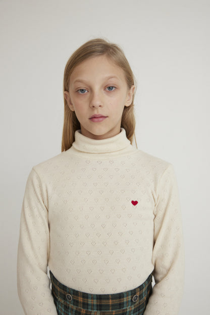 Bebe Heart Turtleneck Natural Red Heart Pointelle