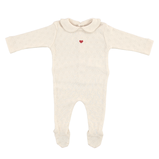 Bebe Heart Collar Overall Natural Red Heart Pointelle