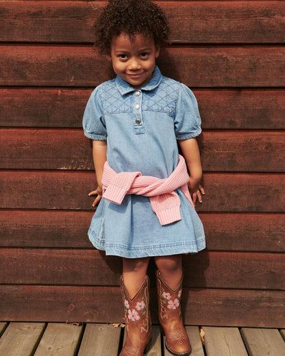 ORGANIC QUILTED DENIM DRESS - LT. WASHED BLUE QUILT