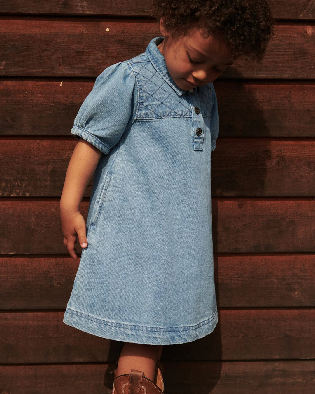 ORGANIC QUILTED DENIM DRESS - LT. WASHED BLUE QUILT
