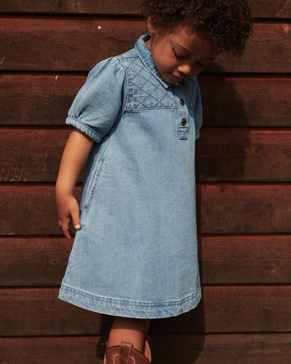 ORGANIC QUILTED DENIM DRESS - LT. WASHED BLUE QUILT