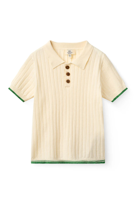 RIB KNITTED POLO - CREAM/SHARP GREEN COMB