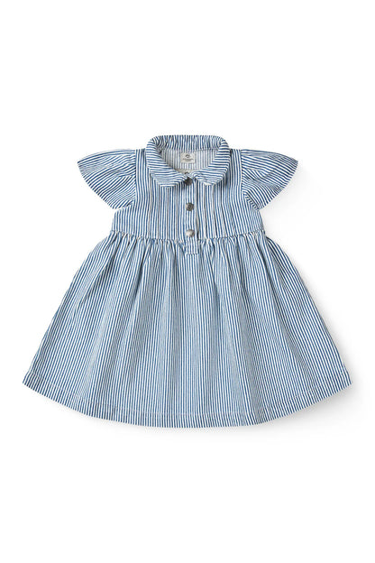 Y/D STRIPE DRESS W. FRILL SLEEVES - DENIM BLUE STRIPE