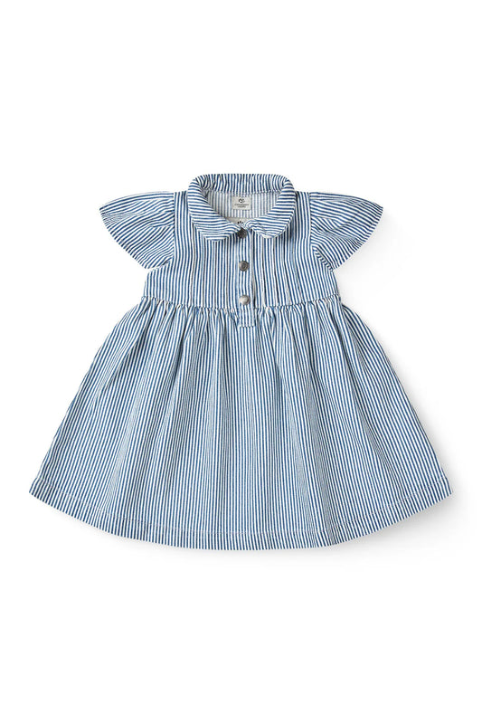 Y/D STRIPE DRESS W. FRILL SLEEVES - DENIM BLUE STRIPE