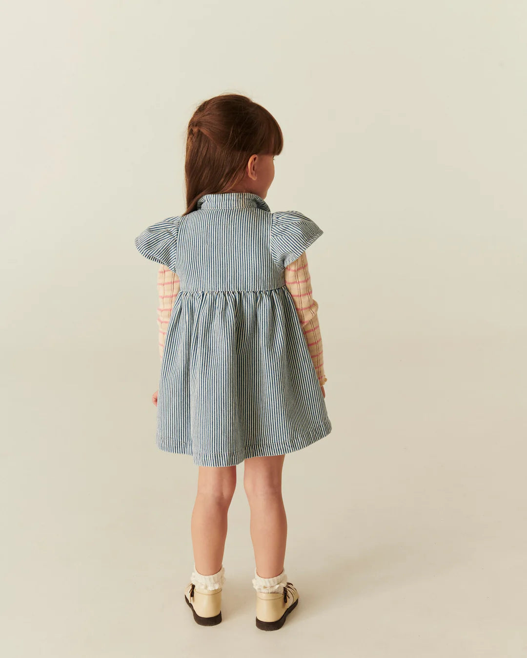 Y/D STRIPE DRESS W. FRILL SLEEVES - DENIM BLUE STRIPE