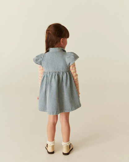 Y/D STRIPE DRESS W. FRILL SLEEVES - DENIM BLUE STRIPE