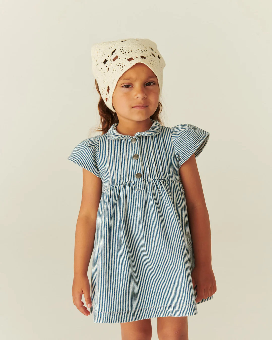 Y/D STRIPE DRESS W. FRILL SLEEVES - DENIM BLUE STRIPE