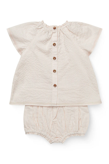 SEERSUCKER BABY-SET W. EMBROIDERY - DUSTY ROSE W CREAM STRIPE W. FLOWER