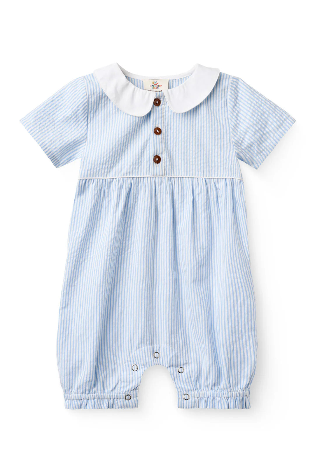SEERSUCKER ROMPER W. COLLAR - SKY BLUE W CREAM STRIPE